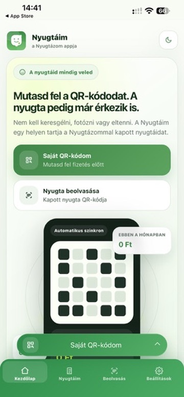 A Nyugtáim alkalmazás kezdőképernyője saját QR-kód gombbal